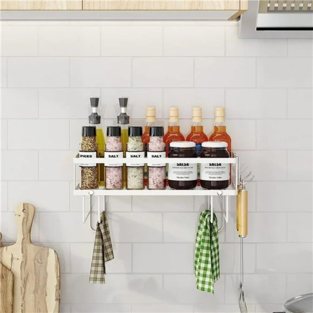 Bathroom Shelf with 2 Hooks, Freestanding & No Drilling Design, (White, 1-Tier)